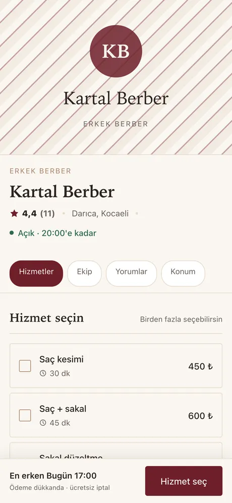 İşletme sayfası: hizmetler, fiyatlar, en erken uygun saat